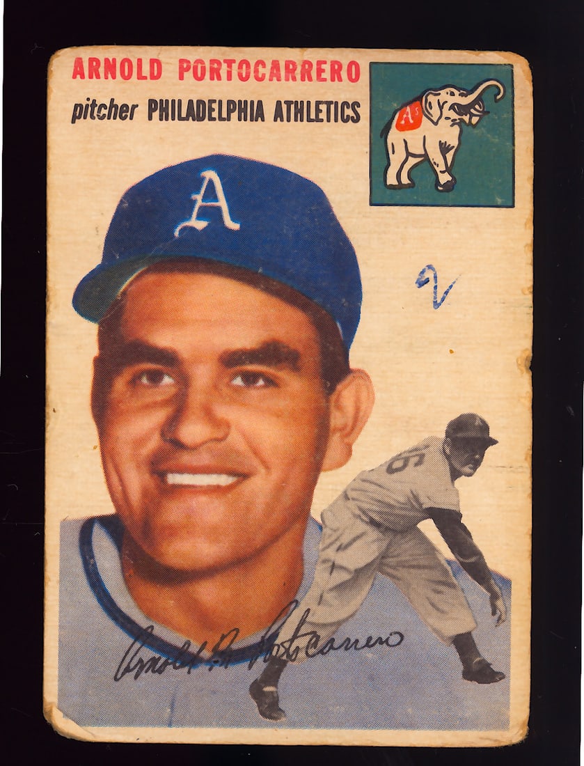 1954 Topps baseball card #214 featuring Arnold Portocarrero of the Philadelphia Athletics: 1954 Topps card #214 Arnold Portocarrero, pitcher for the Philadelphia Athletics. From an original owner collection.