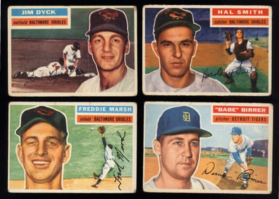Lot of four 1956 Topps cards including James Dyck, Harold Wayne Smith, Fred Marsh and Werner Birrer