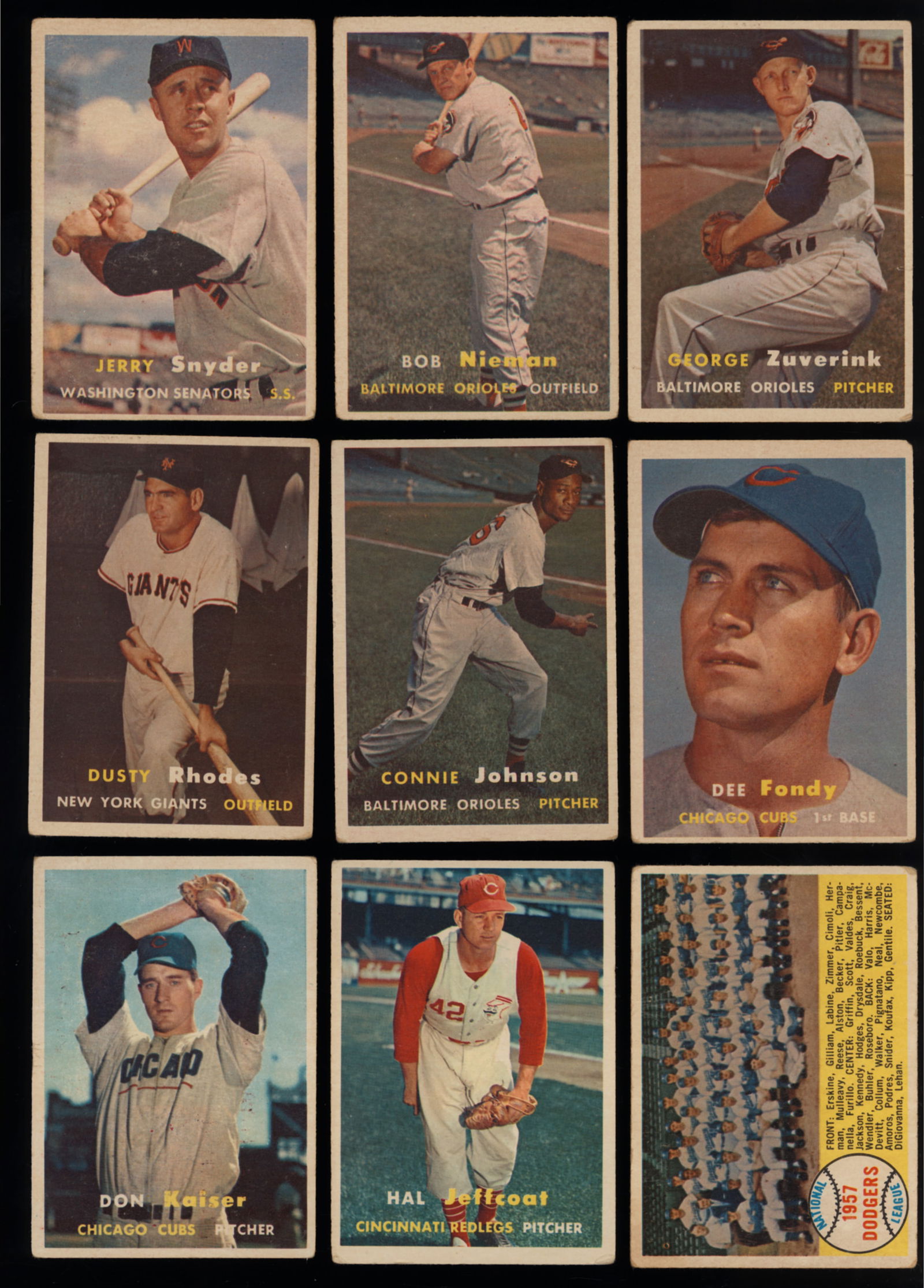 Lot of nine Topps baseball cards from 1957- Zuverink, Nieman, Snyder, Fondy, Johnson, Rhodes, (1 of 3)