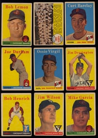 Lot of nine Topps baseball cards from 1957 & 1958 - Henrich, Lemon, Barclay, Derrington, Virgil