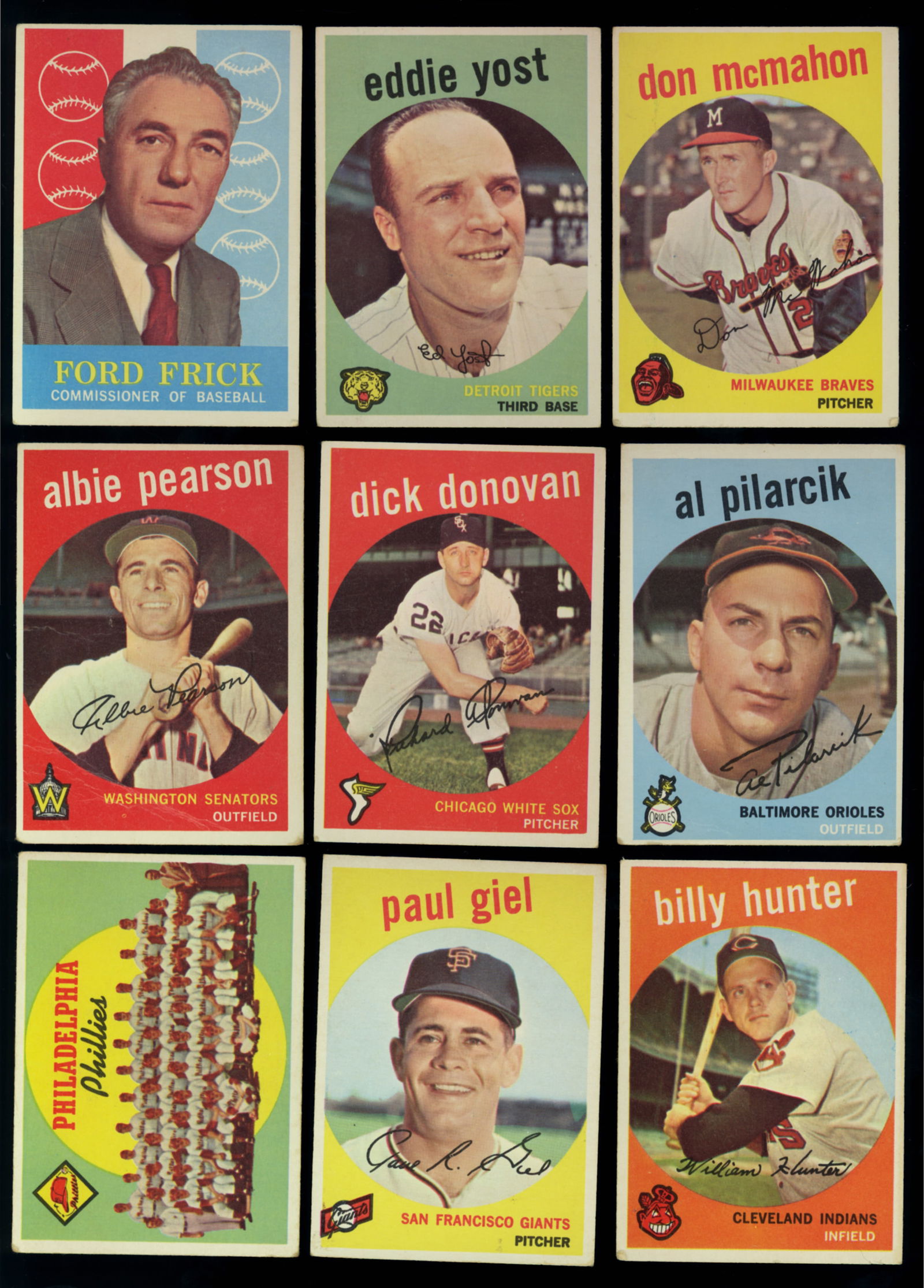 Lot of nine baseball cards from 1959 Topps Series Ford Frick, Eddie Yost, Don McMahon and more (1 of 3)