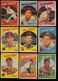 Lot of nine baseball cards from 1959 Topps Series Hank Aguirre, Morrie Martin, Ed Bouchee and more
