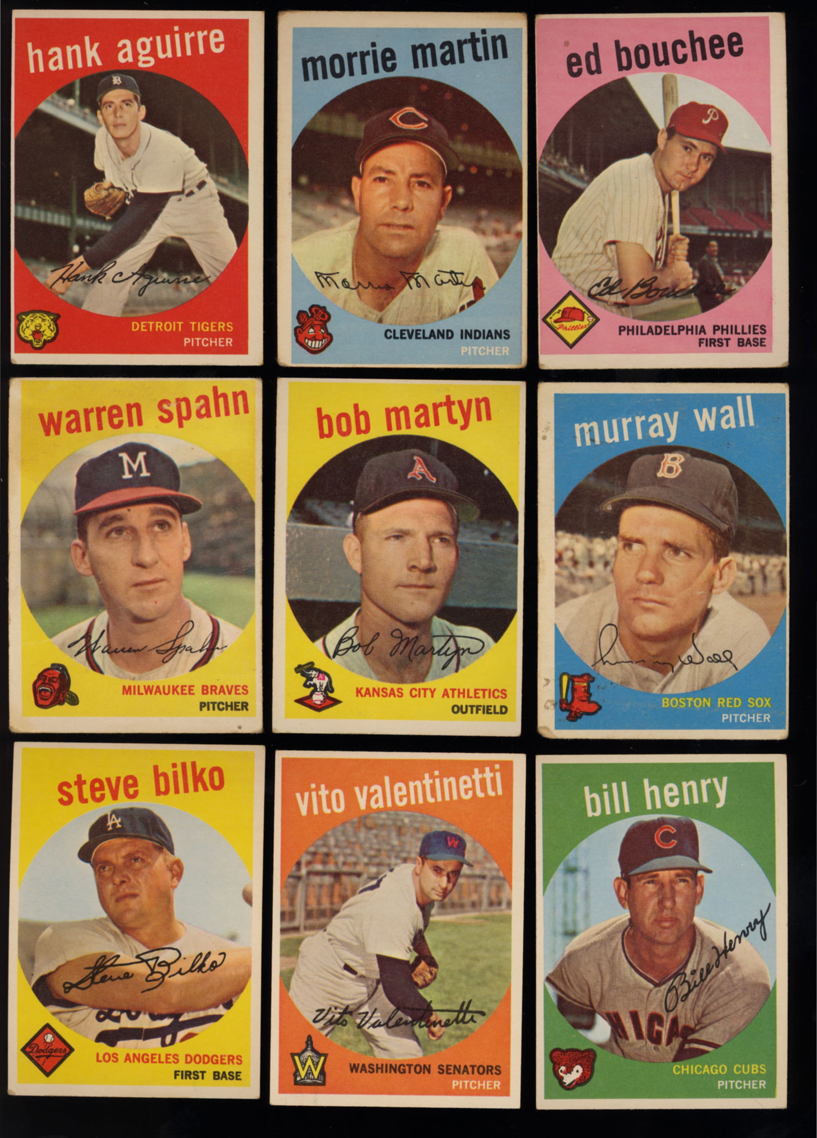 Lot of nine baseball cards from 1959 Topps Series Hank Aguirre, Morrie Martin, Ed Bouchee and more (1 of 3)