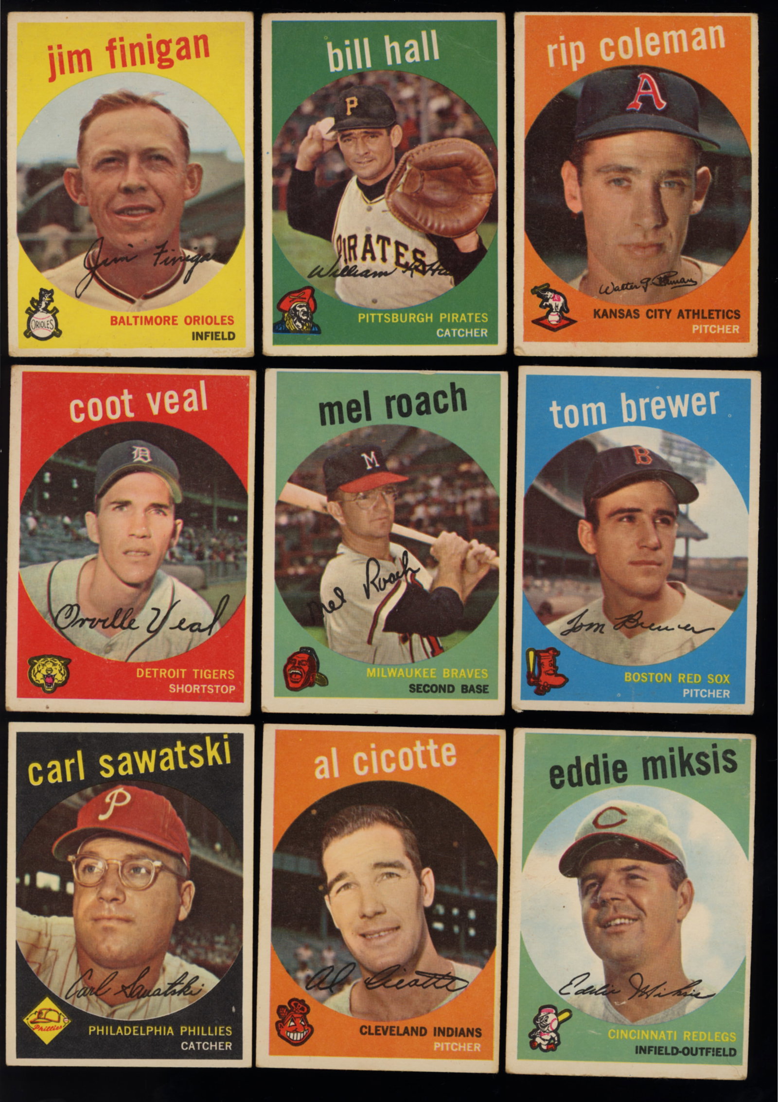Lot of nine baseball cards from 1959 Topps Series Jim Finigan, Bill Hall, Rip Coleman and more: Lot of 9 baseball cards from the 1959 Topps series including Jim Finigan #47, Bill Hall #49, Rip Coleman #51, Coot Veal #52, Mel Roach #54, Tom Brewer #55, Carl Sawatski #56, Al Cicotte #57 and Eddie 