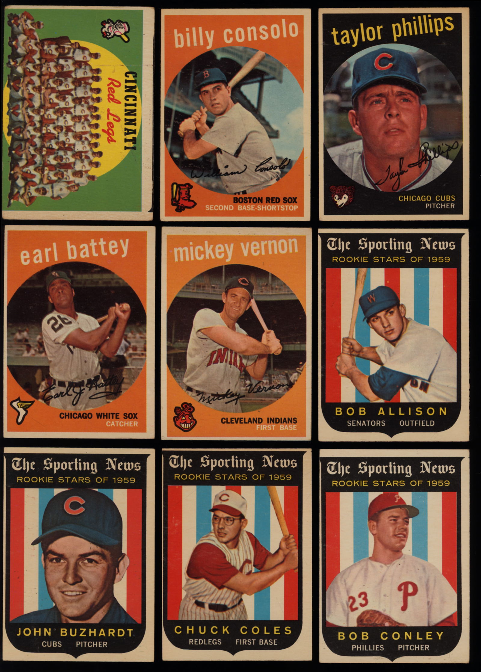 Lot of nine baseball cards from 1959 Topps Series Taylor Phillips, Billy Consolo, M. Vernon and more (1 of 3)
