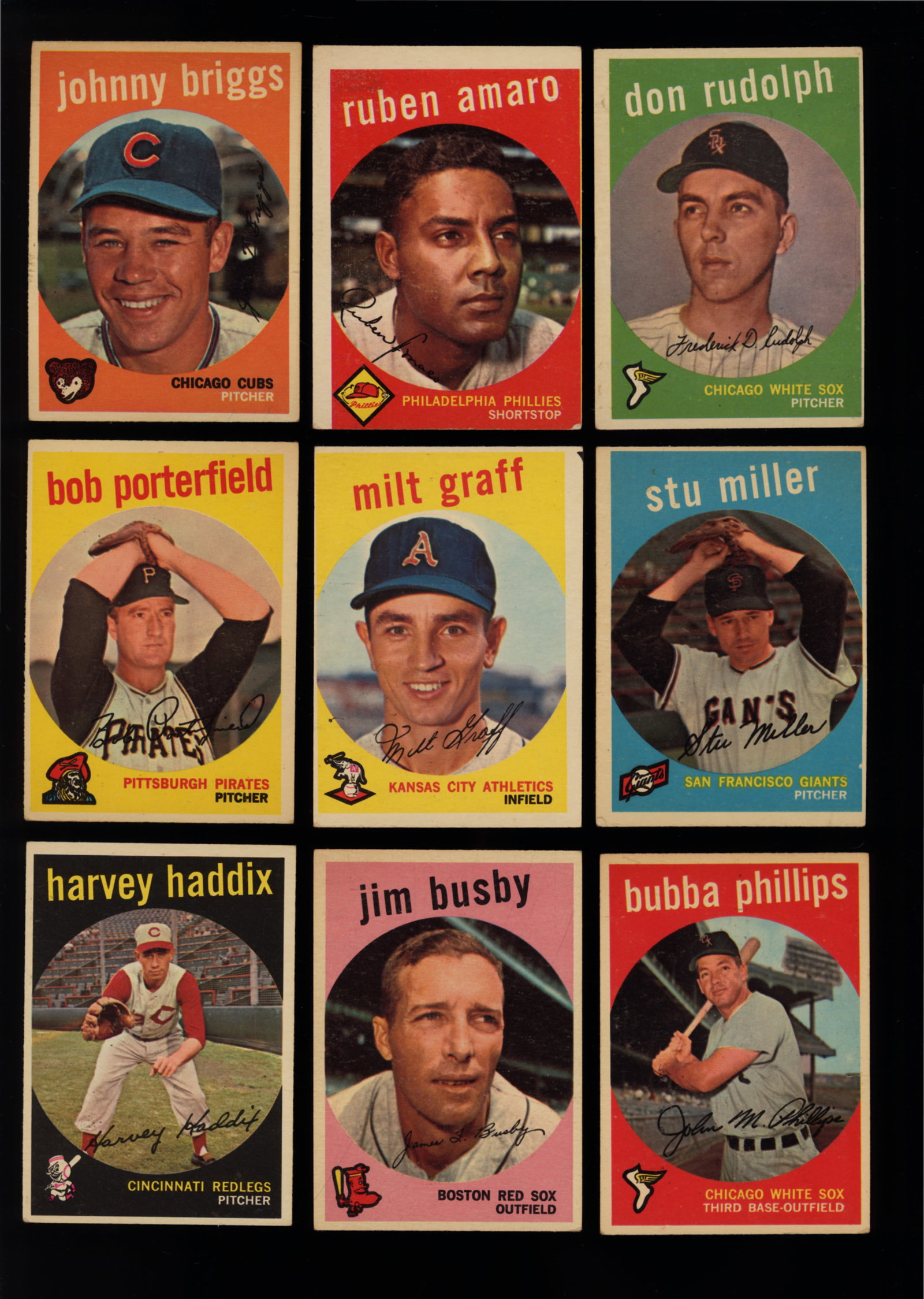 Lot of nine baseball cards from 1959 Topps Series Johnny Briggs, Ruben Amaro, Don Rudolph and more: Lot of 9 baseball cards from the 1959 Topps series including Johnny Briggs 177, Ruben Amaro 178, Don Rudolph 179, Bob Porterfield 181, Milt Graff 182, Stu Miller 183, Harvey Haddix 184, Jim Busby 185 
