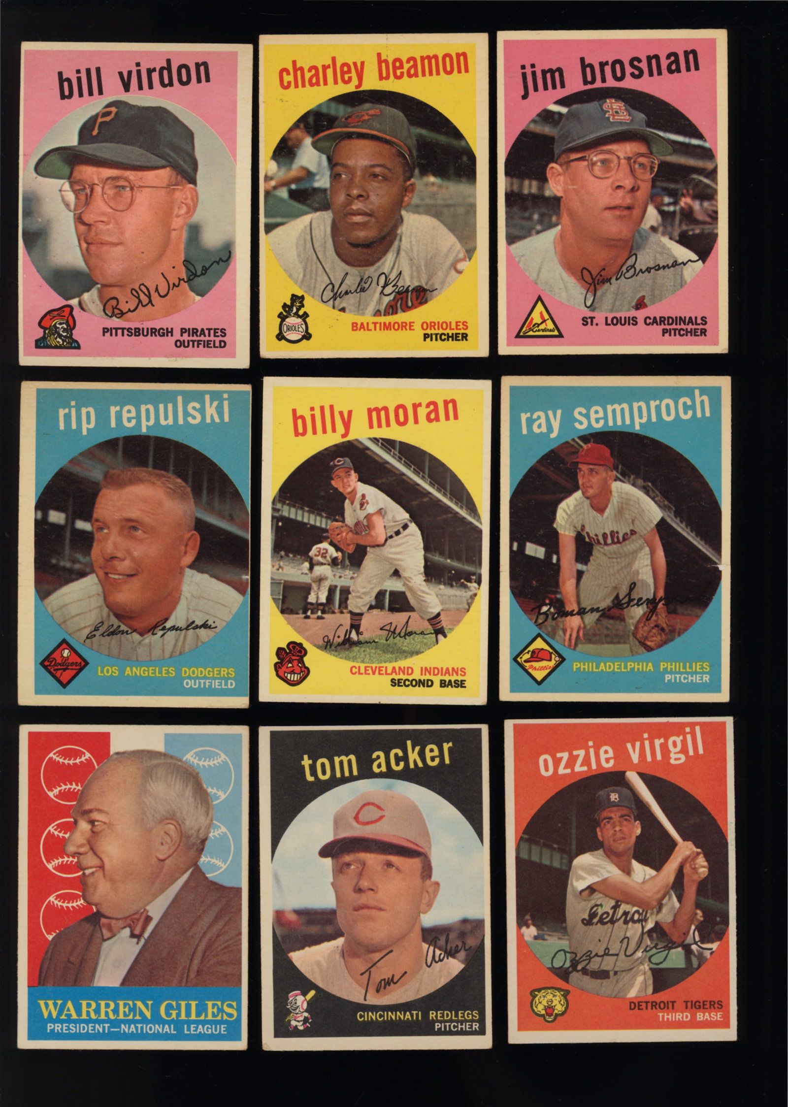 Lot of nine baseball cards from 1959 Topps Series Bill Virdon, Charley Beamon, Jim Brosnan and more: Lot of 9 baseball cards from the 1959 Topps series including Bill Virdon 190, Charley Beamon 192, James Brosnan 194, Rip Repulski 195, Billy Moran 196, Ray Semproch 197, Warren Giles President nationa