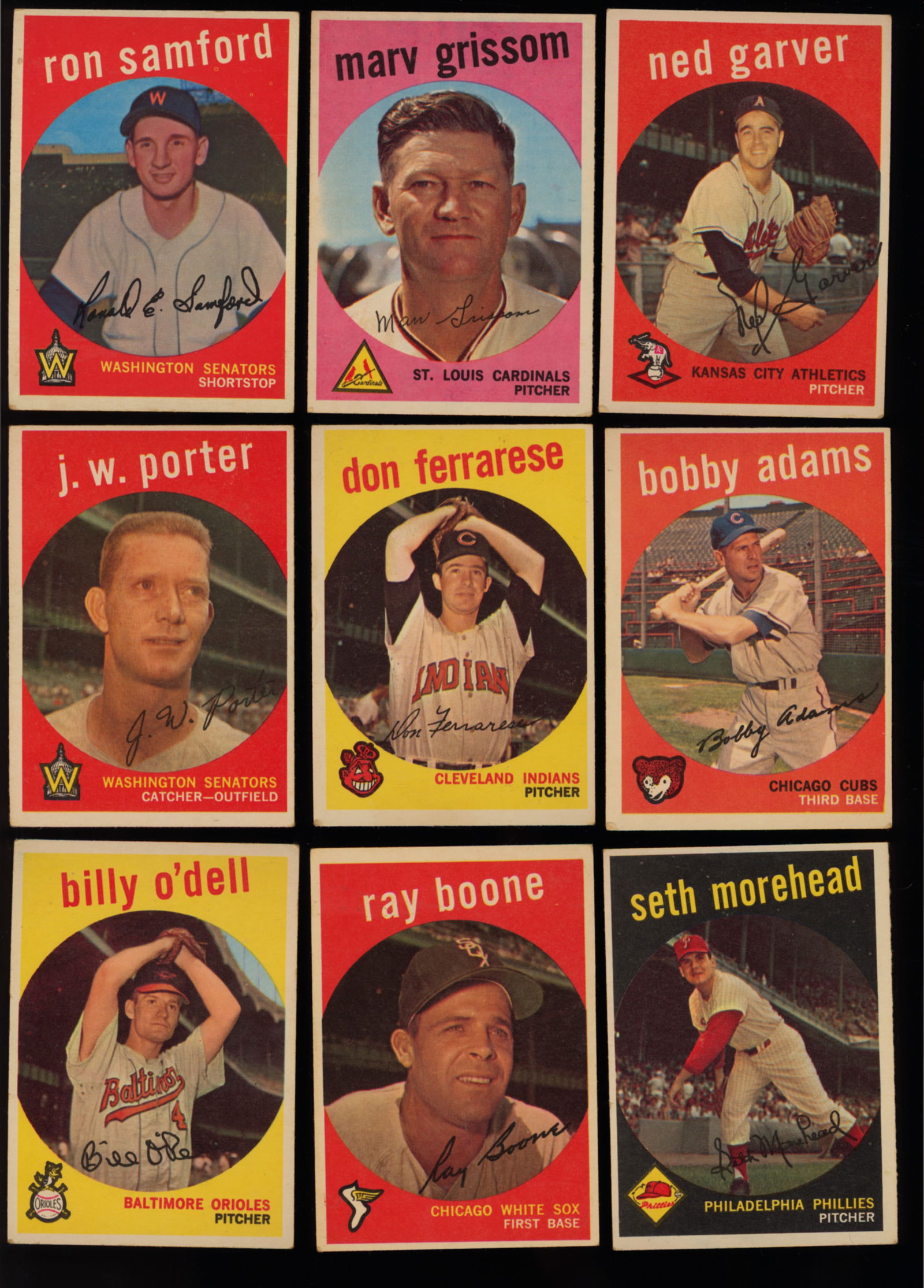 Lot of nine baseball cards from 1959 Topps Series Ron Samford, Marv Grissom, Ned Garver and more (1 of 3)