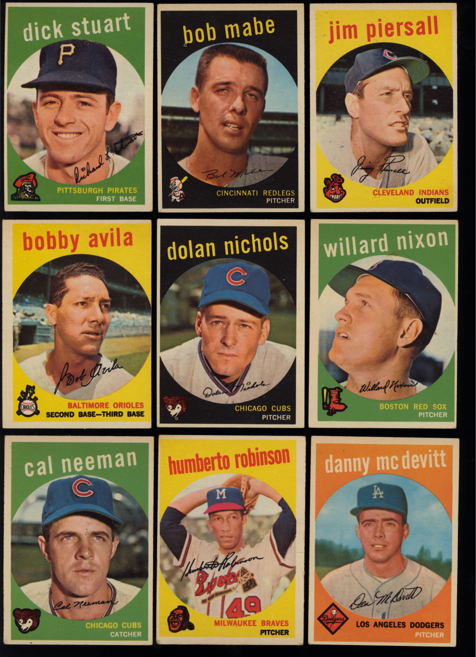Lot of nine baseball cards from 1959 Topps Series Jim Piersall, Bob Mabe, Dick Stuart and more: Lot of 9 baseball cards from the 1959 Topps series including Jim Piersall 355, Bob Mabe 356, Dick Stuart 357, Willard Nixon 361, Dolan Nichols 362, Bobby Avila 363, Danny McDevitt 364, Humberto Robins