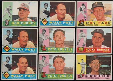 Lot of 9 Topps baseball cards from 1960 Bob Purkey, Pete Runnels, Wally Post and more