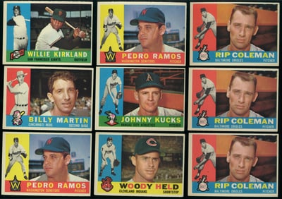 Lot of 9 Topps baseball cards from 1960 Willie Kirland, Billy Martin, Pedro Ramos and more