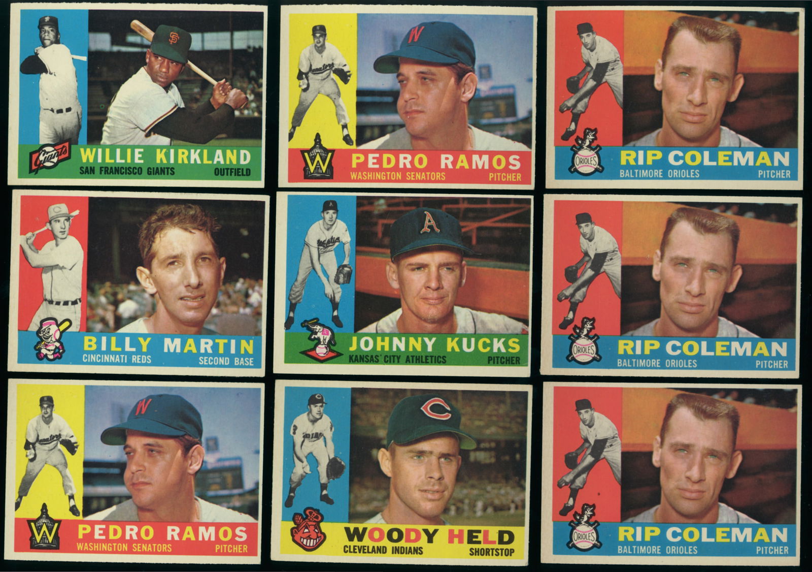 Lot of 9 Topps baseball cards from 1960 Willie Kirland, Billy Martin, Pedro Ramos and more (1 of 2)