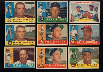 Lot of 9 Topps baseball cards from 1960 Bob Mabe, Willie Jones, Bob Keegan, Tony Taylor and more