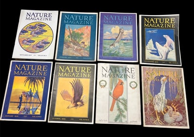 Lot of 8 Nature Magazine Issues, 1927–1930, with Illustrated Covers Roy Latham Estate