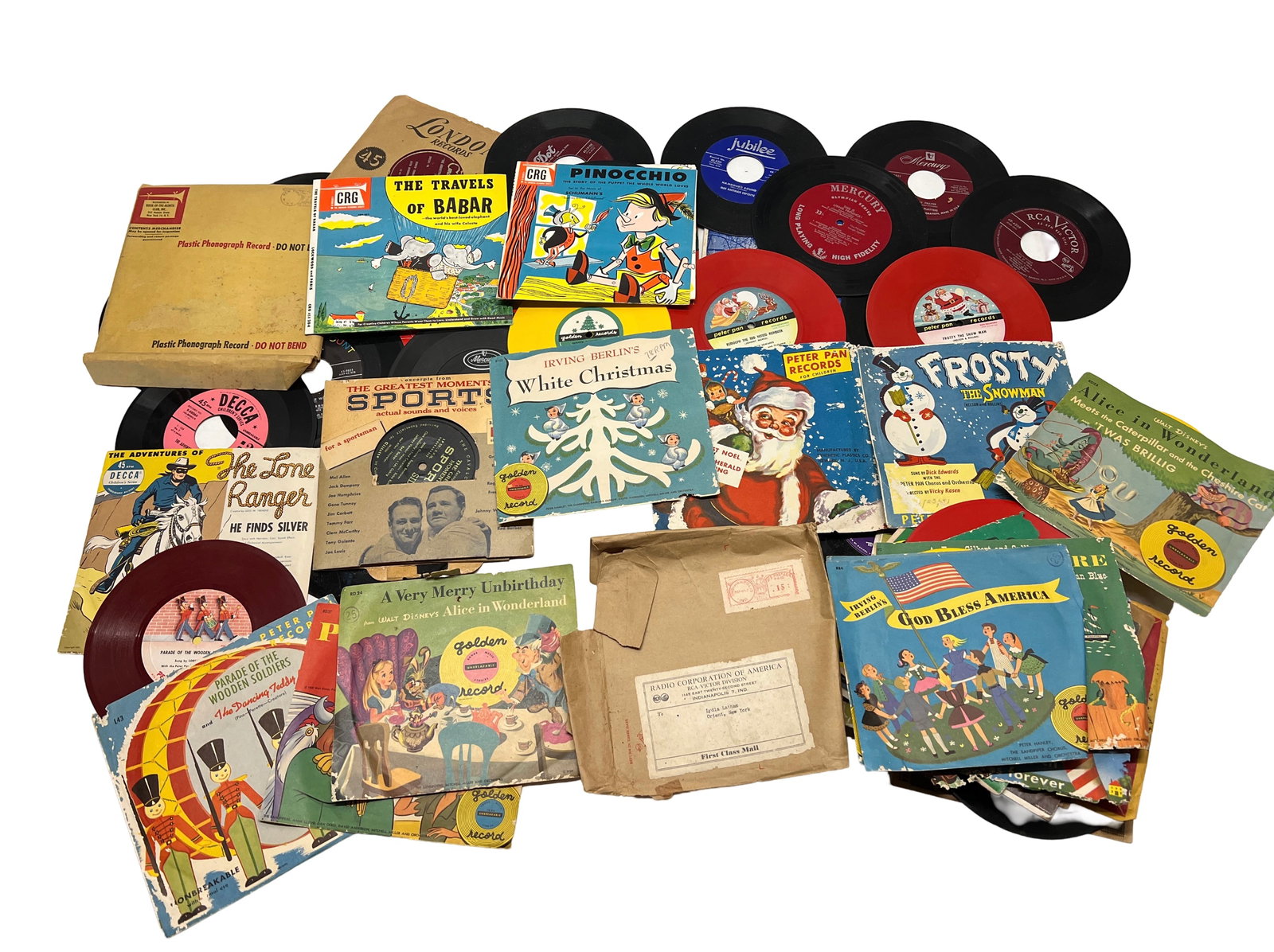 Mid-20th Century Lot of Mixed 45 & 78 RPM Records with Illustrated Sleeves Roy Latham Estate: This lot includes over 25 vintage 78 RPM records dating primarily from the mid-20th century, with a variety of genres and themes including children’s stories, holiday music, patriotic recordings, an