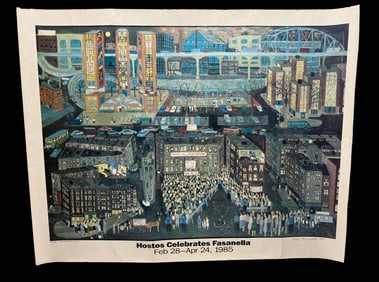 Ralph Fasanella Poster “Hostos Celebrates Fasanella,” 1985 Signed Print Bronx Urban Folk Art