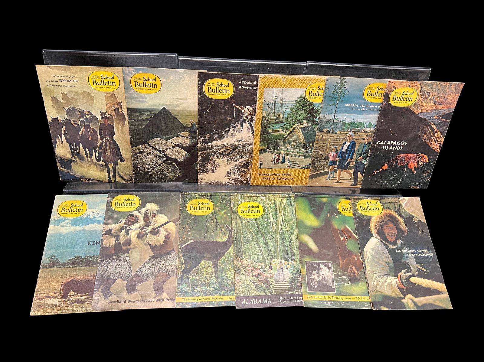 12 Issues of School Bulletin published by the National Geographic Society 1969-1970: 12 vintage issues of "The School Bulletin" spanning September 1969 to April 1970, published by the National Geographic Society, featuring educational content intended for American schoolchildren durin
