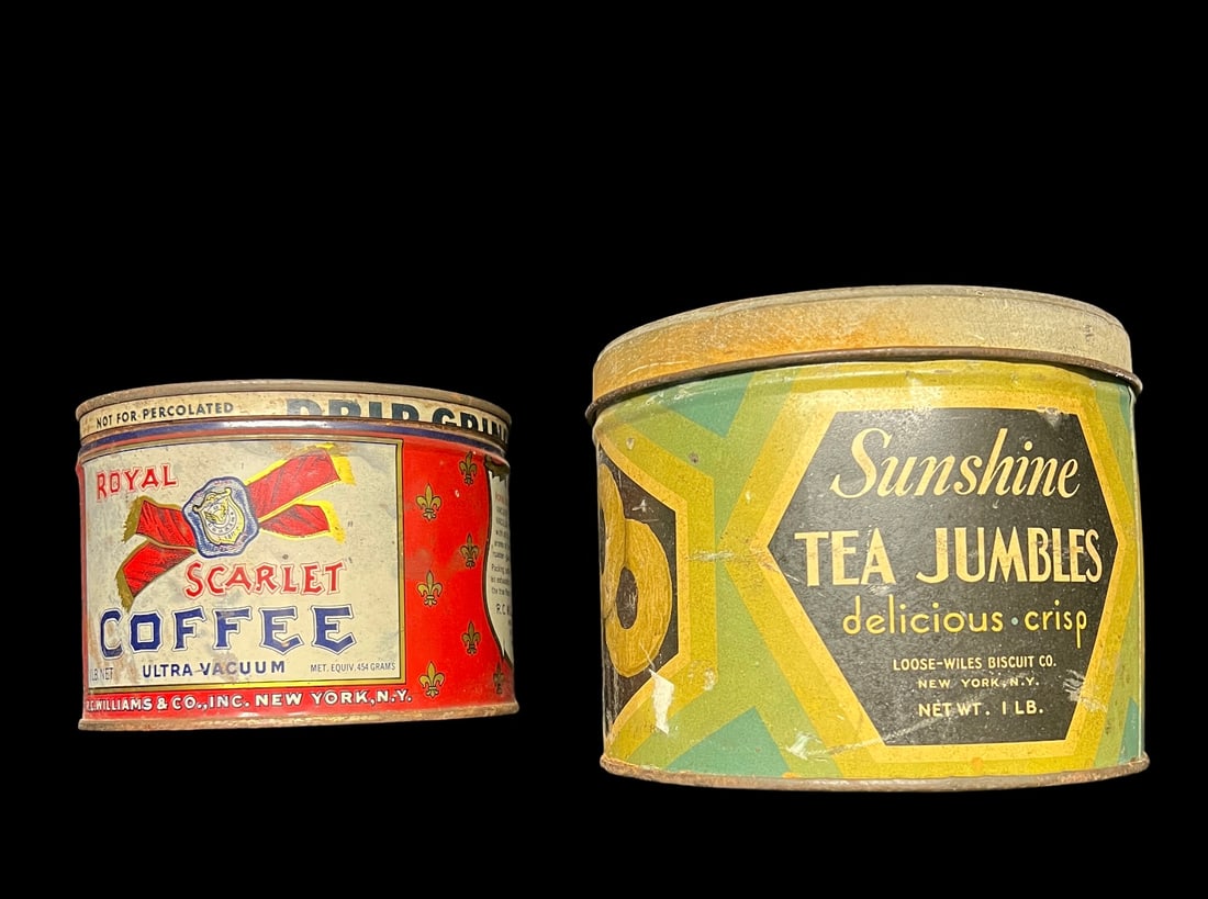 Pair of Vintage Advertising Tins: Royal Scarlet Coffee & Sunshine Tea Jumbles (1 of 8)