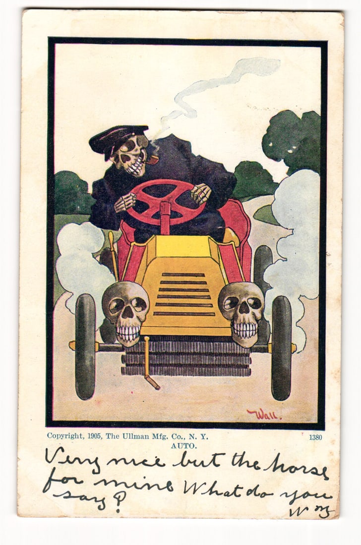 1905 Skeleton Driving Automobile with Skull Headlights - Dangers of Driving - The Ullman Mfg. (1 of 2)