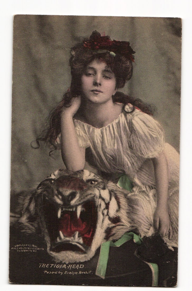 Portrait of Evelyn Nesbit with Tiger Head Rug, "The Tiger-Head," Burr McIntosh Studio, 1902: The front of the postcard features a colorized photographic portrait. The primary subject is a young woman, identified by printed text as Evelyn Nesbit, with dark, upswept hair adorned with red floral