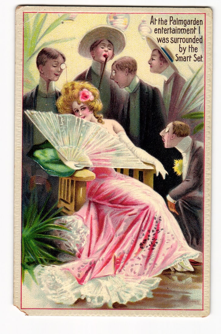 Woman in Pink Dress at Palmgarden Surrounded by Men of the 'Smart Set,' Early 20th Century: Front: Color illustration depicting a woman seated in the foreground, wearing a long pink gown with white lace trim, a pink flower in her blonde hair, and holding a large white fan. She looks towards