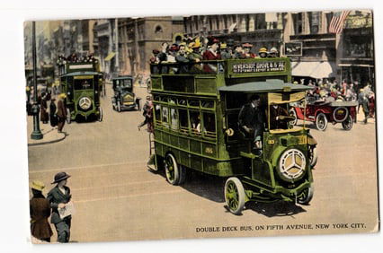 New York City, Fifth Avenue, Double Decker Bus, Street Scene with Period Automobiles, c. 1916
