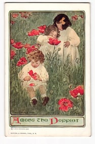 Jessie Willcox Smith "Among The Poppies" Illustration, Three Children in Field, c. 1909-1910