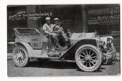 Ohio Motor Car Co. No. 21 Automobile with Two Men, Cincinnati Advertising Card, ca. 1910s