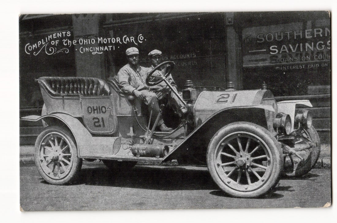 Ohio Motor Car Co. No. 21 Automobile with Two Men, Cincinnati Advertising Card, ca. 1910s (1 of 2)