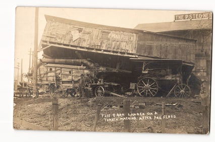 RPPC of Barn Collapsed on Threshing Machine After Flood, Mail Pouch Tobacco Advertisement Visible