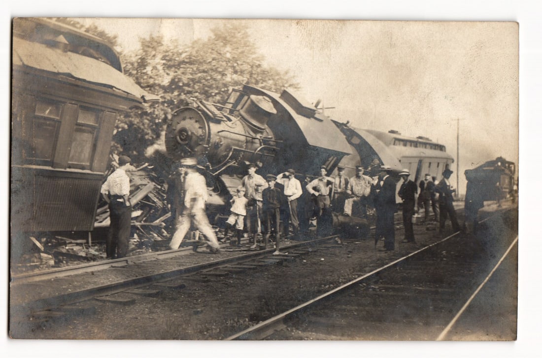 Train Wreck Scene with Onlookers, Derailed Locomotive & Passenger Cars, Early 20th C. RPPC (1 of 2)