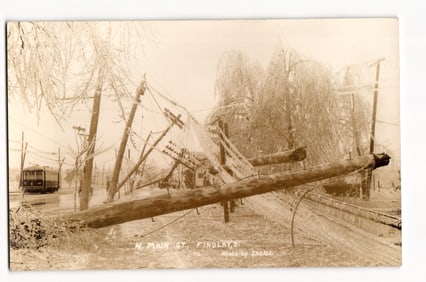 Ice Storm Aftermath, N. Main St., Findlay, Ohio. Fallen Utility Poles, Streetcar. RPPC.