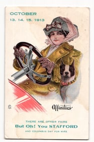 Woman Driving Automobile with Boston Terrier, Stafford Fair Event, October 13-15, 1913