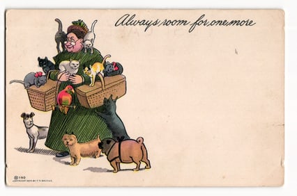 Woman with Baskets of Cats and Dogs, Parrot, "Always room for one more", 1905 F.S. Backus