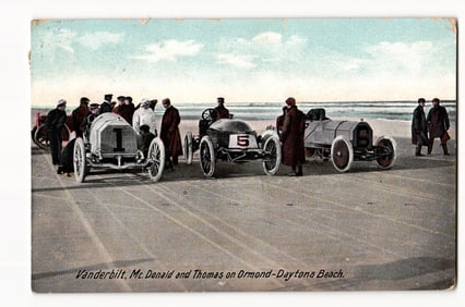 Vanderbilt, McDonald, and Thomas with Racing Cars on Ormond-Daytona Beach, Early 20th Century