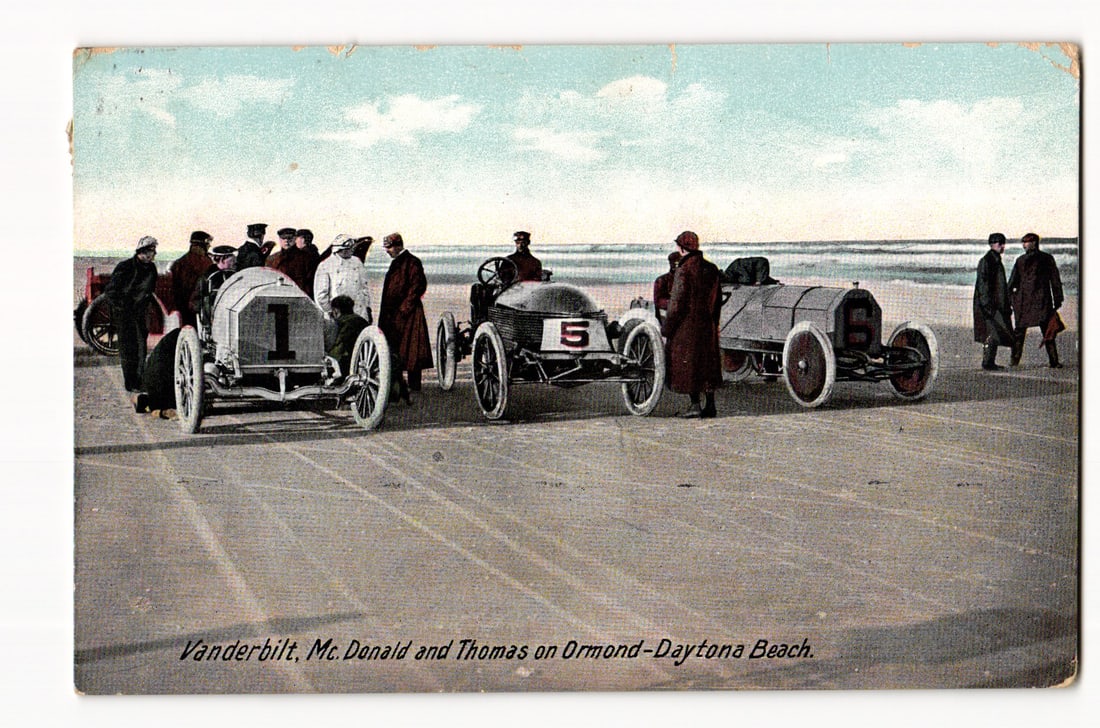 Vanderbilt, McDonald, and Thomas with Racing Cars on Ormond-Daytona Beach, Early 20th Century (1 of 2)