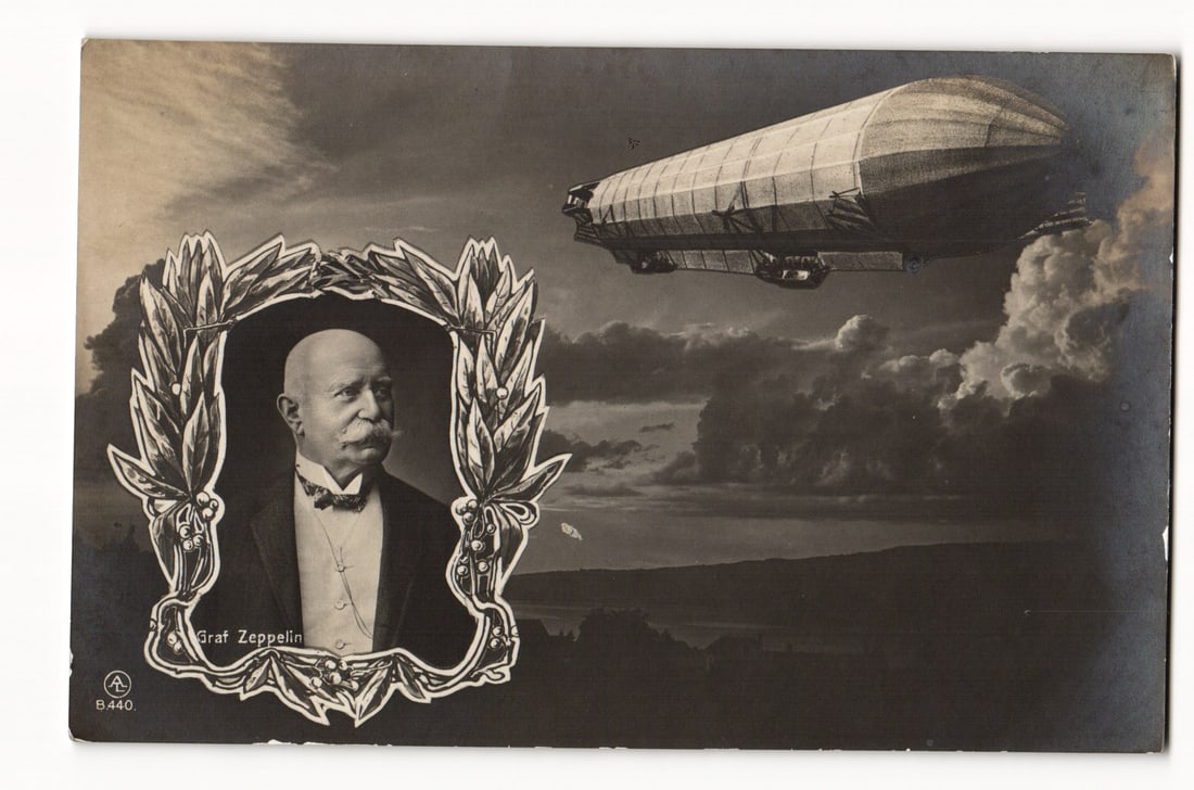 Graf Zeppelin Portrait and Airship in Flight, Sepia Tone Composite Image, German Origin Postcard (1 of 2)