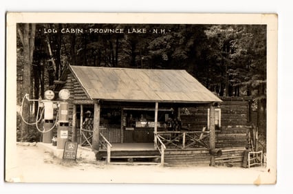 Log Cabin Store with Socony Gas Pumps and Hood's Ice Cream Sign, Province Lake, N.H. RPPC