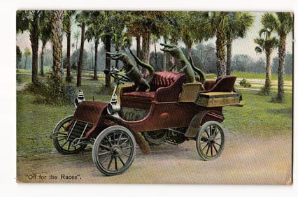 Whimsical Scene: Two Alligators in Early Automobile, "Off for the Races", Palm Tree Setting