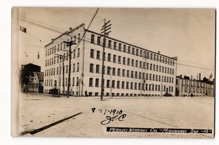 Perkins Windmill Co. Building, Mishawaka, Ind., Street View with Cobblestones, Dated 1910