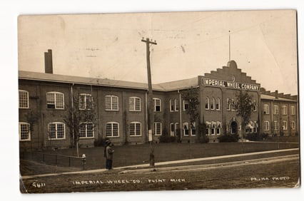 Imperial Wheel Company Industrial Building Exterior, Flint, Michigan; Two Figures, c. 1912 RPPC