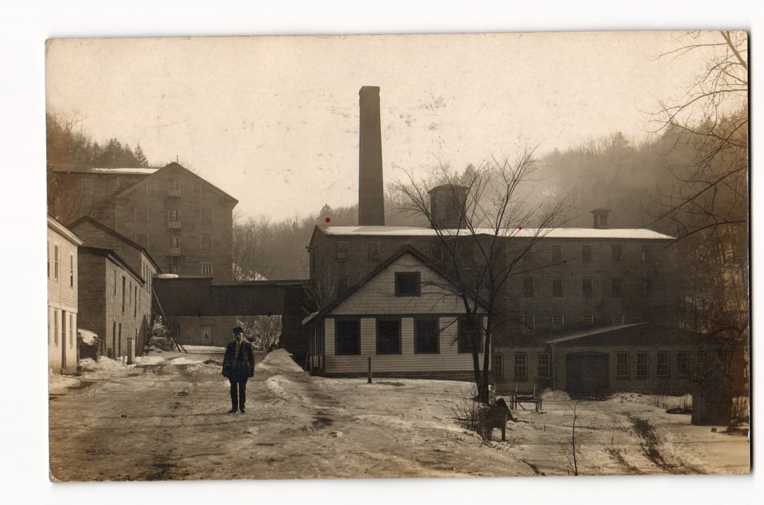 Wasuc Mills Industrial Complex and Figure in Snowy Landscape, South Glastonbury, CT, c. 1910. (1 of 2)