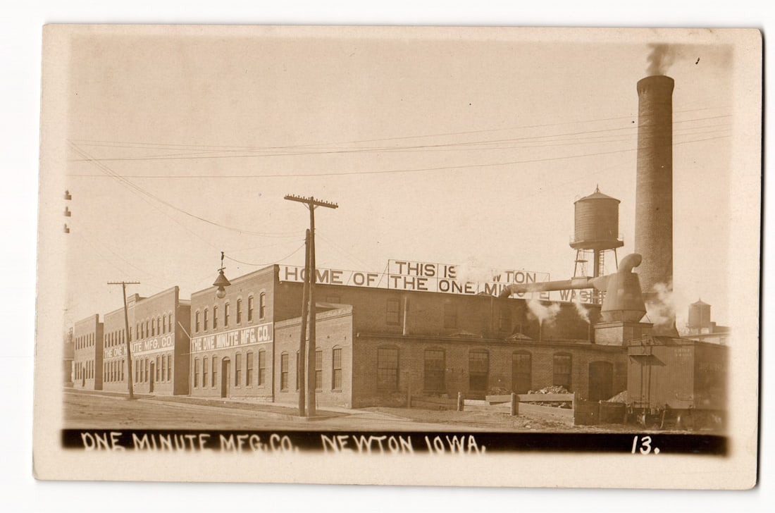 One Minute Mfg. Co. Factory Buildings and Smokestack, Newton, Iowa. Industrial Scene. c. 1910s (1 of 2)