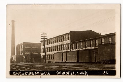 RPPC Spaulding Mfg. Co. Factory, Grinnell, Iowa, Exterior View with Train Cars, Early 20th Century