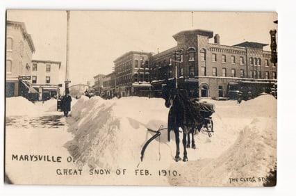 Marysville, O. Street View, Horse-Drawn Sleigh, Great Snow of Feb. 1910. Real Photo Postcard