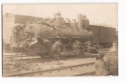 Damaged Steam Locomotive, NYNH&H Railroad Wreck Site, Inspection, Early 20th Century RPPC