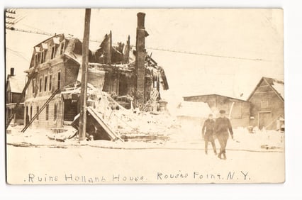 Rouses Point, N.Y.: Ruins of Holland House After Fire, Winter Scene with Two Figures Walking