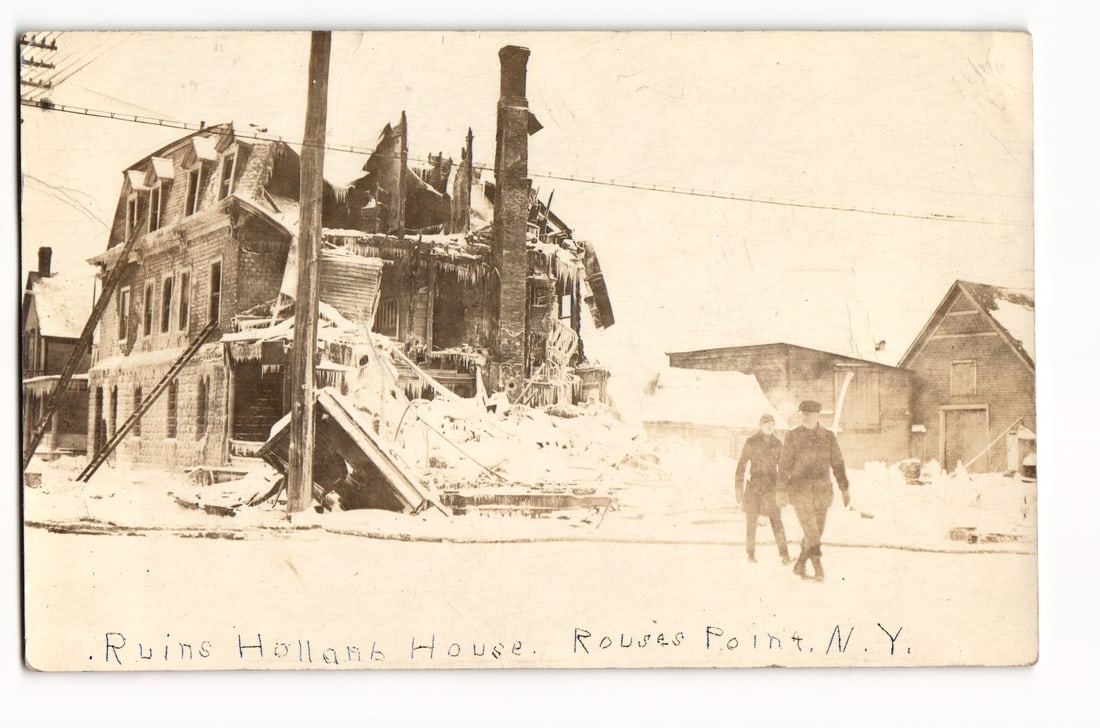 Rouses Point, N.Y.: Ruins of Holland House After Fire, Winter Scene with Two Figures Walking (1 of 2)