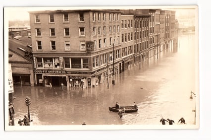 Hartford, Connecticut Flood Scene, 1936: Submerged Commercial Buildings and Rescue Boat