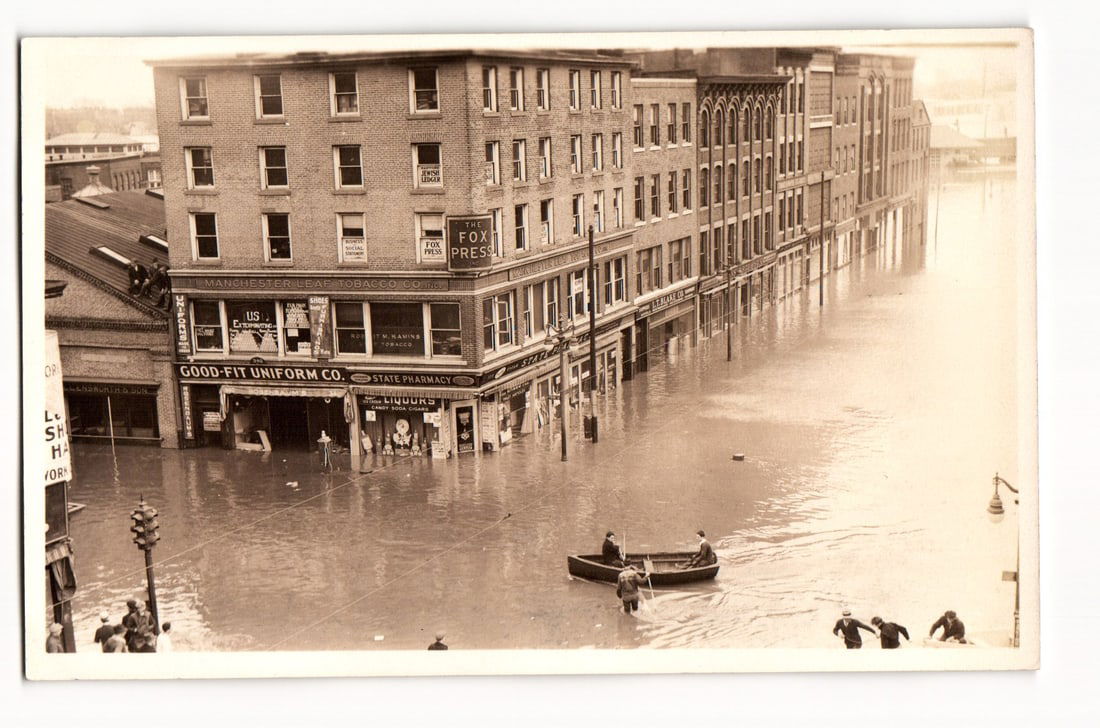 Hartford, Connecticut Flood Scene, 1936: Submerged Commercial Buildings and Rescue Boat (1 of 2)